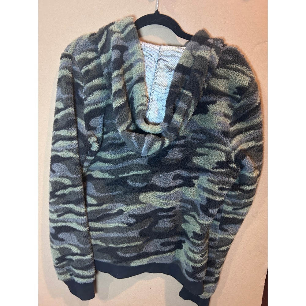 Derek Heart Camo Sherpa Hoodie Womens Large Green Grey Excellent Quarter Zip - Picture 5 of 6